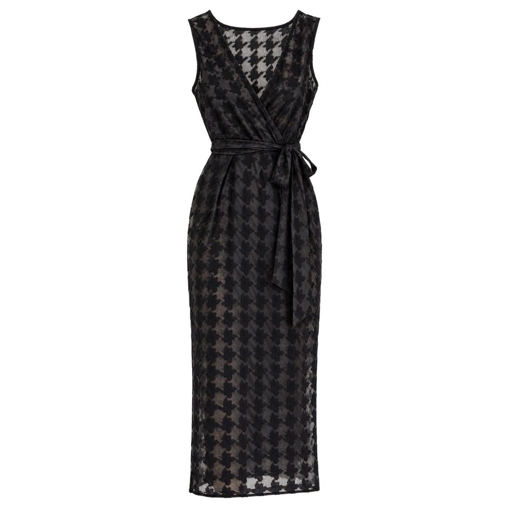 Women's Black Houndstooth Mesh Wrap Midi Dress Large Y2K Dark Romantic